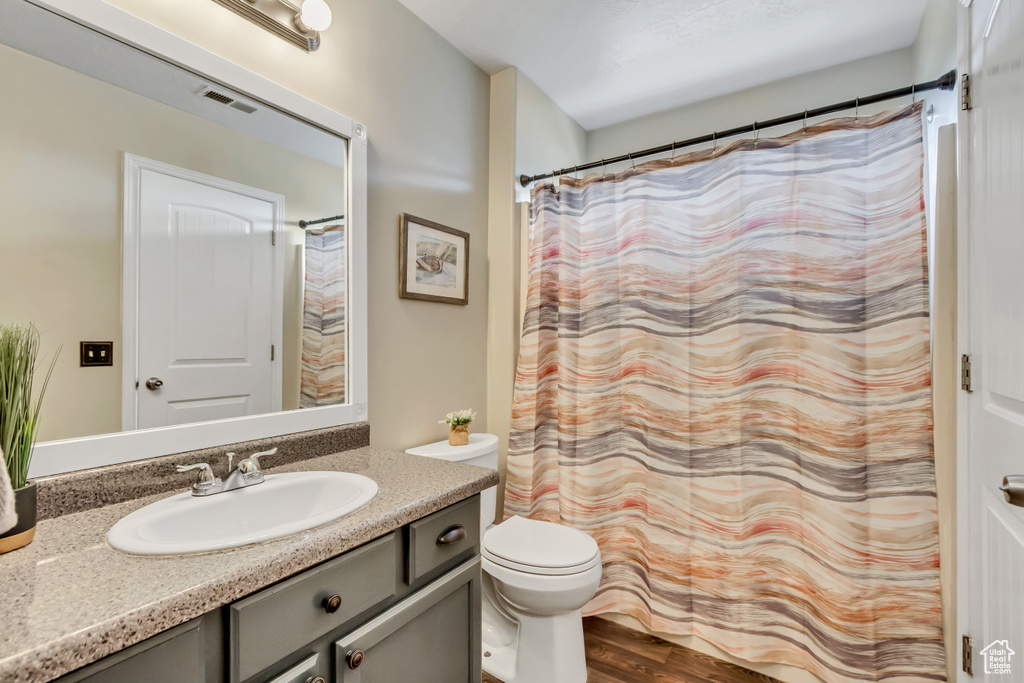 Bathroom featuring toilet, vanity, and wood finished floors
