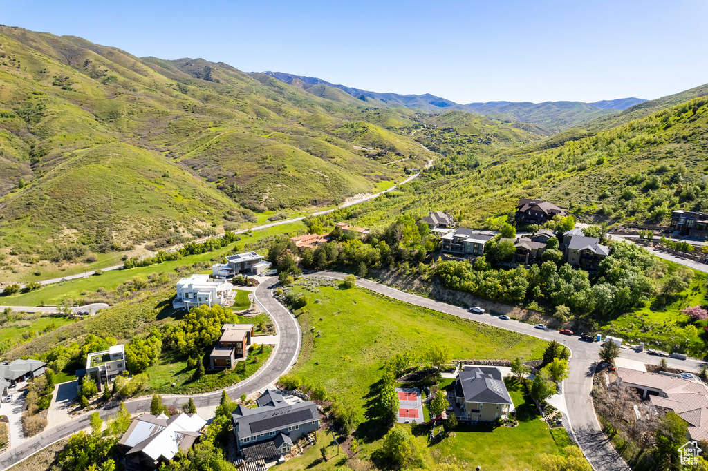Aerial view of residential area with mountains