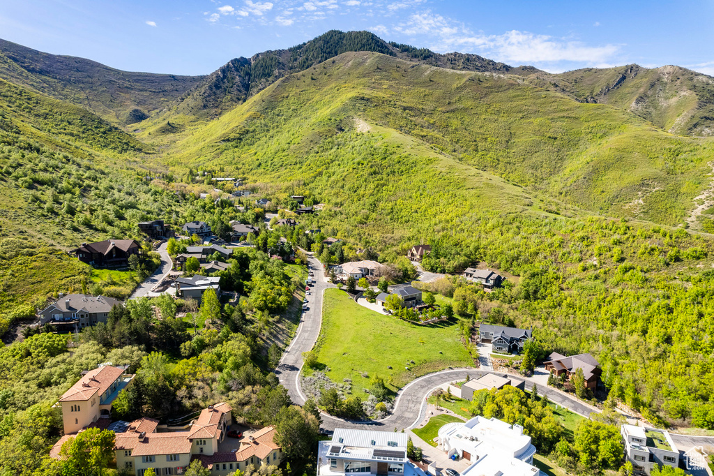 Aerial perspective of suburban area featuring a mountain backdrop and a heavily wooded area