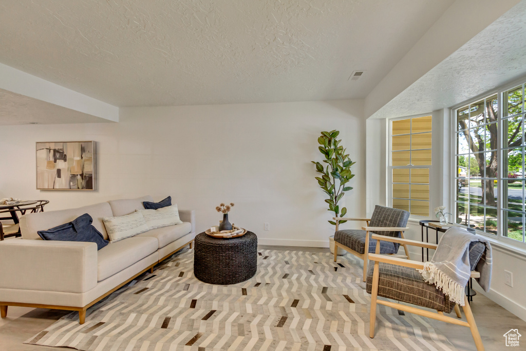 Living area with baseboards and a textured ceiling