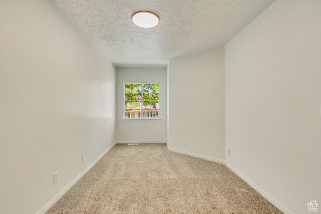 Carpeted empty room with a textured ceiling and baseboards