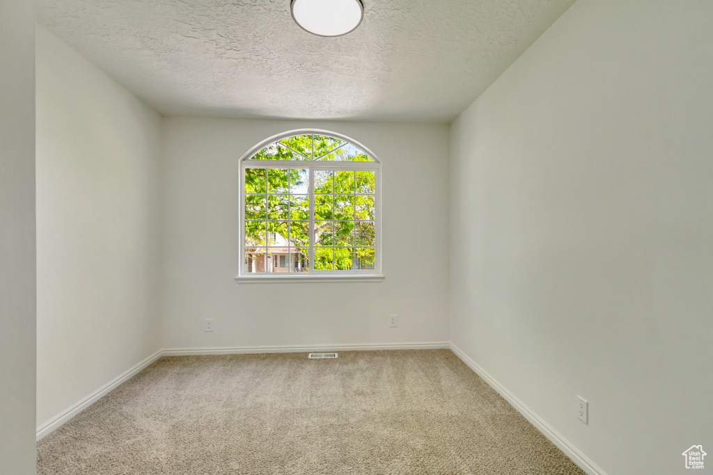Carpeted spare room featuring a textured ceiling and baseboards