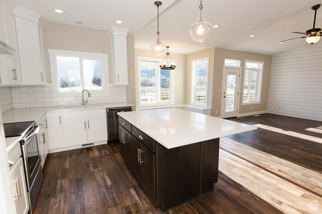 Kitchen with appliances with stainless steel finishes, healthy amount of natural light, dark wood finished floors, a sink, and recessed lighting