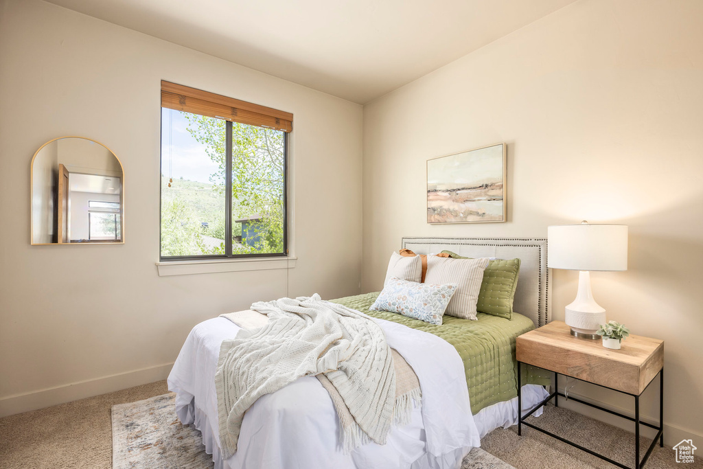 Bedroom with carpet flooring and baseboards