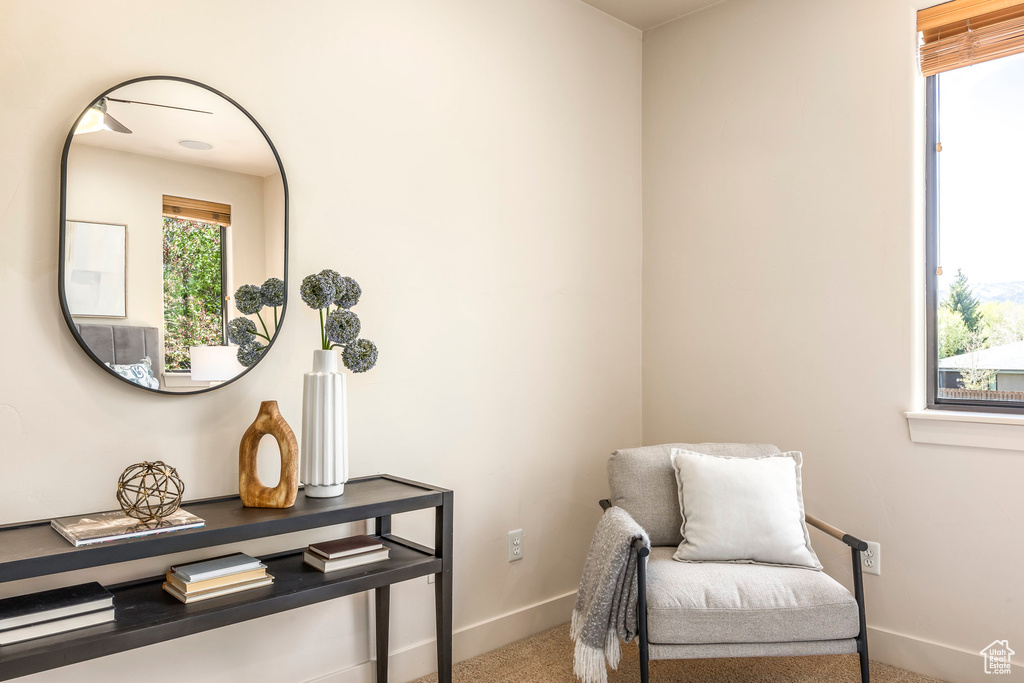 Living area with baseboards and carpet flooring
