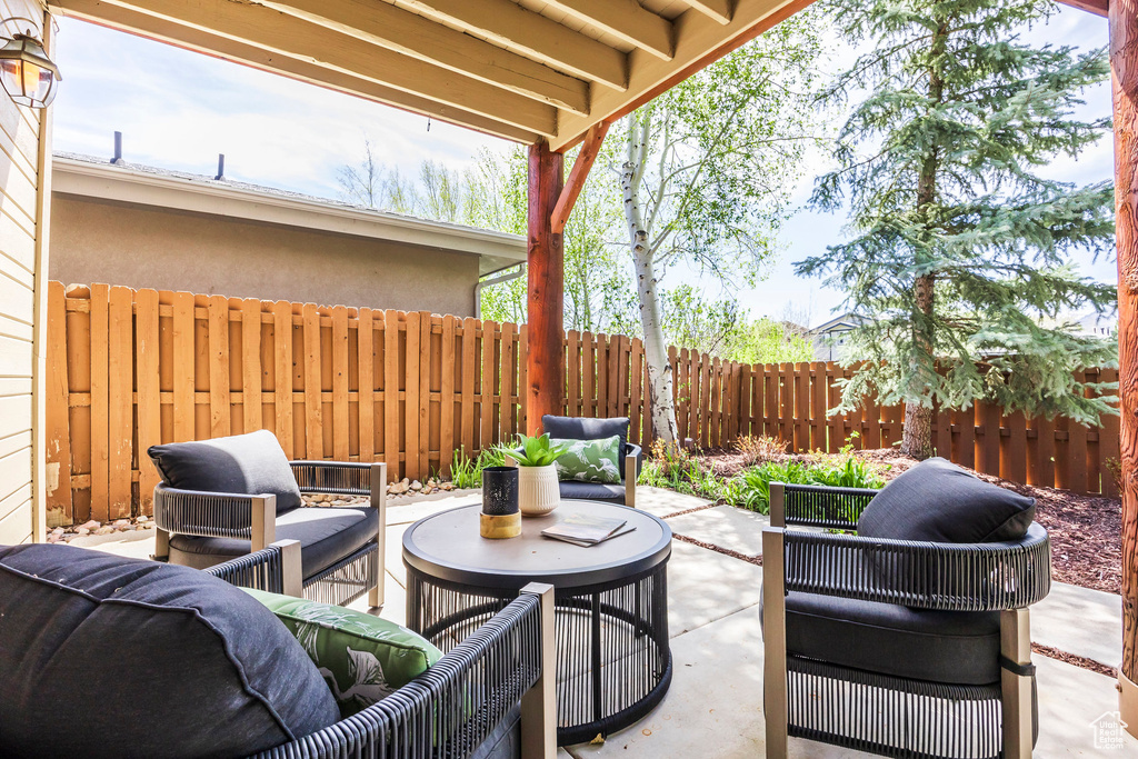 View of patio / terrace featuring a fenced backyard and an outdoor hangout area