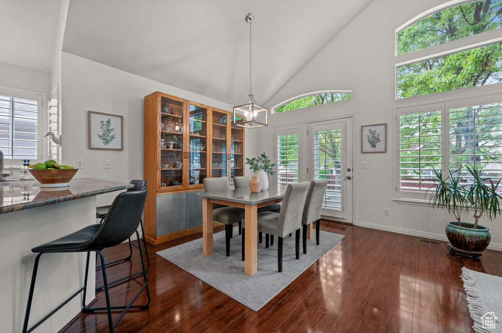 Dining room featuring dark wood-style flooring, baseboards, and high vaulted ceiling