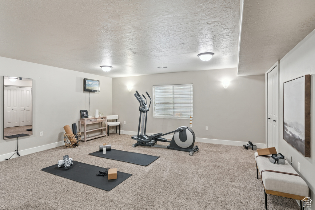 Exercise room with a textured ceiling, baseboards, and carpet flooring