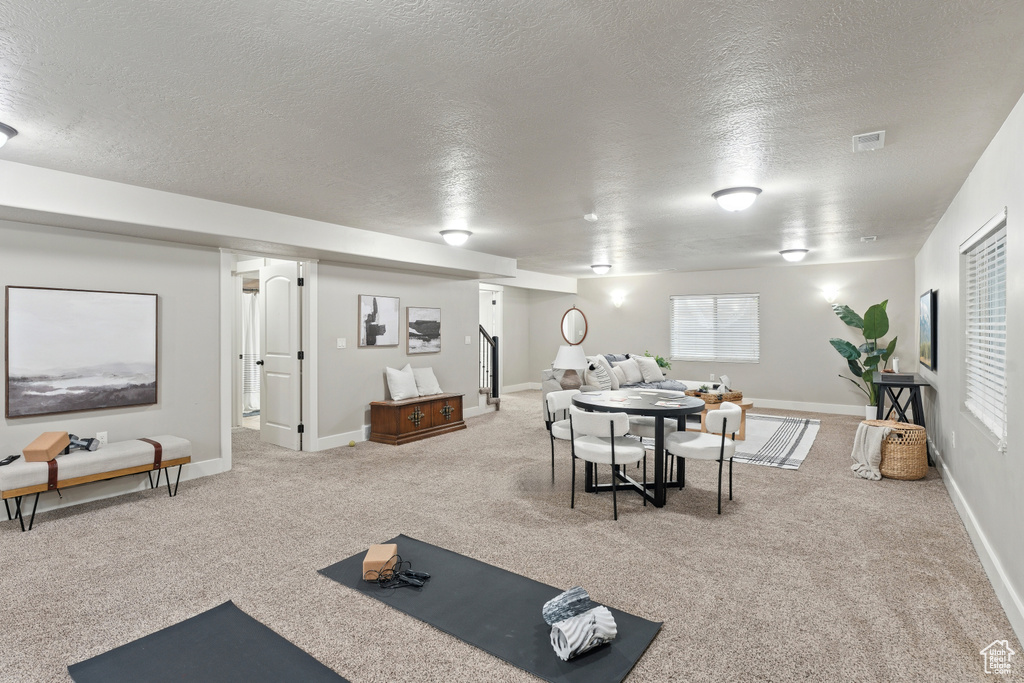 Carpeted living room with a textured ceiling and baseboards