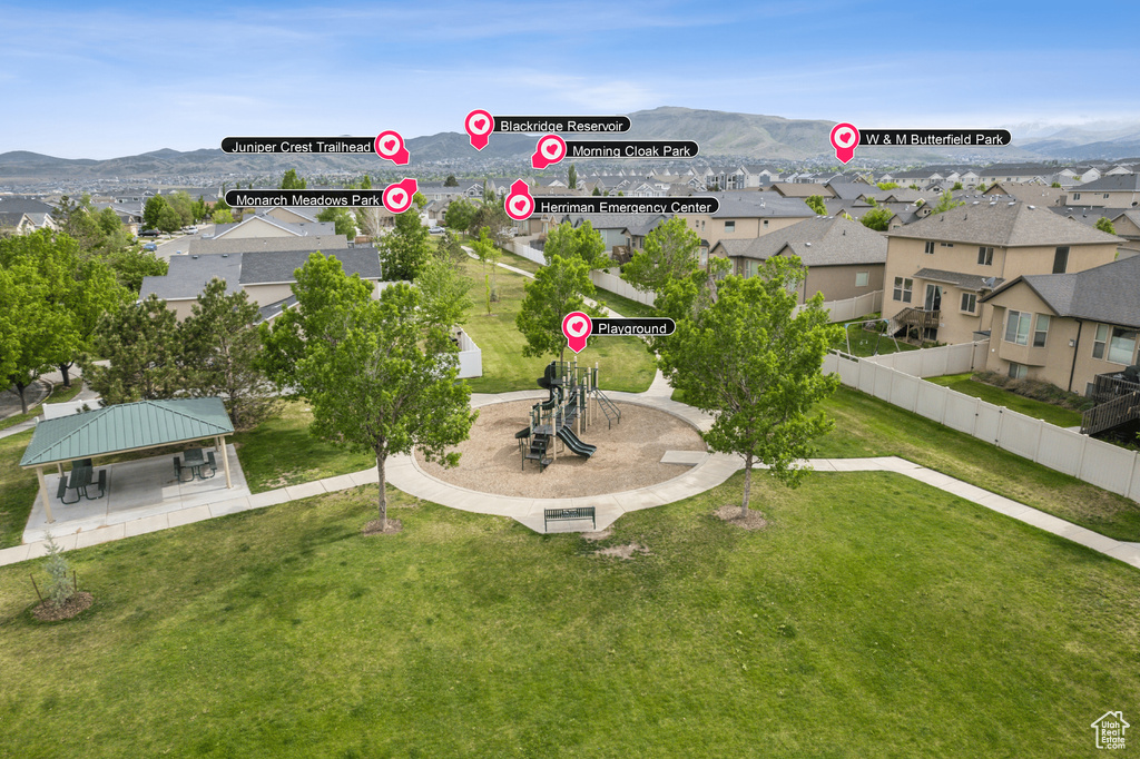 View of yard with a gazebo, a mountain view, and a residential view