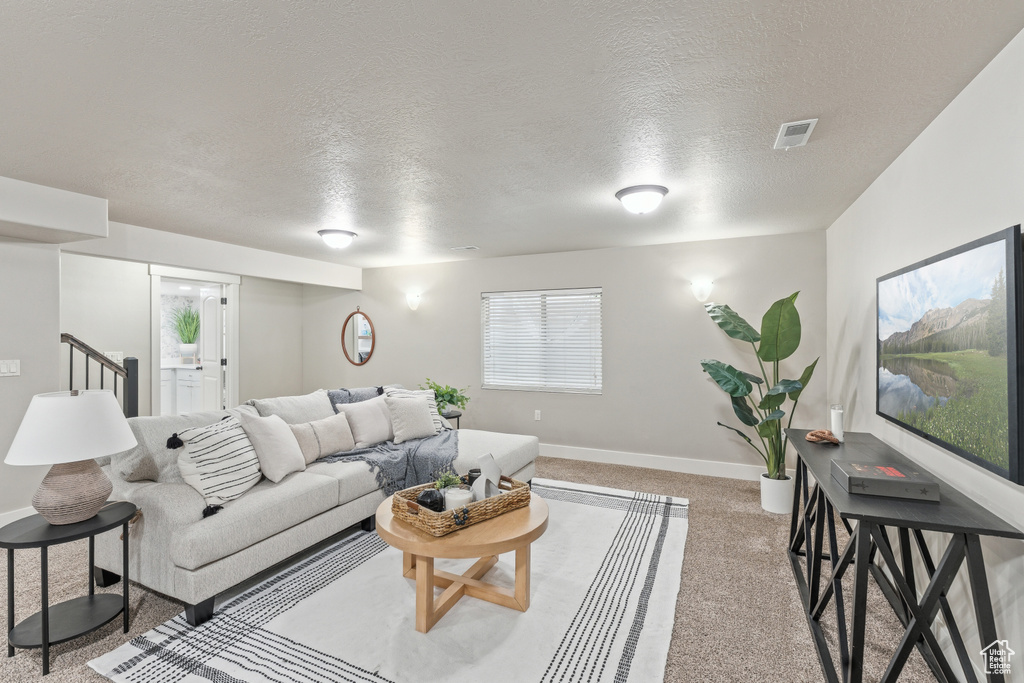 Living room featuring light colored carpet, a textured ceiling, and baseboards