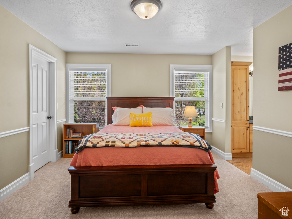 Bedroom with light carpet, a textured ceiling, baseboards, and visible vents