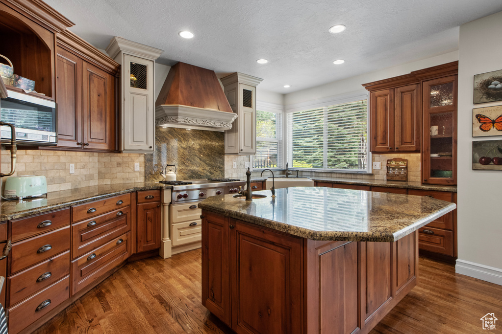 Kitchen featuring a sink, dark stone counters, stainless steel appliances, premium range hood, and dark wood-style floors