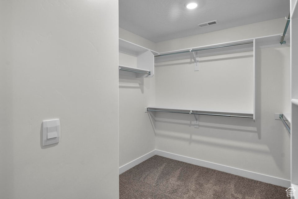 Walk in closet featuring dark colored carpet