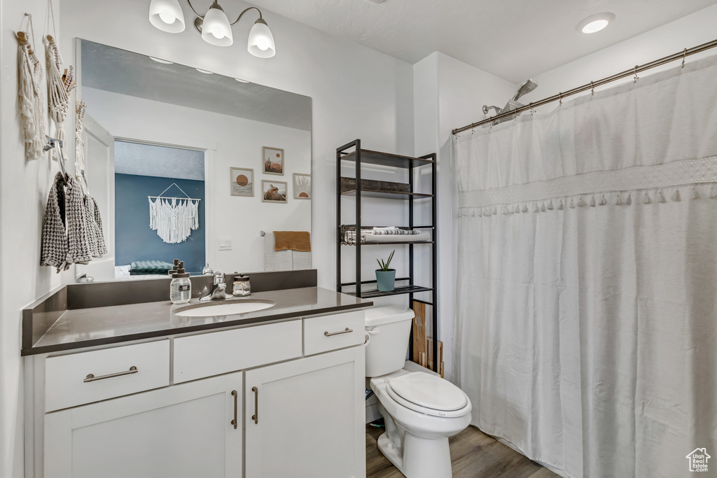 Bathroom with toilet, vanity, wood finished floors, and a shower with curtain