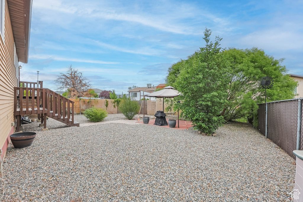 Fenced backyard featuring a patio