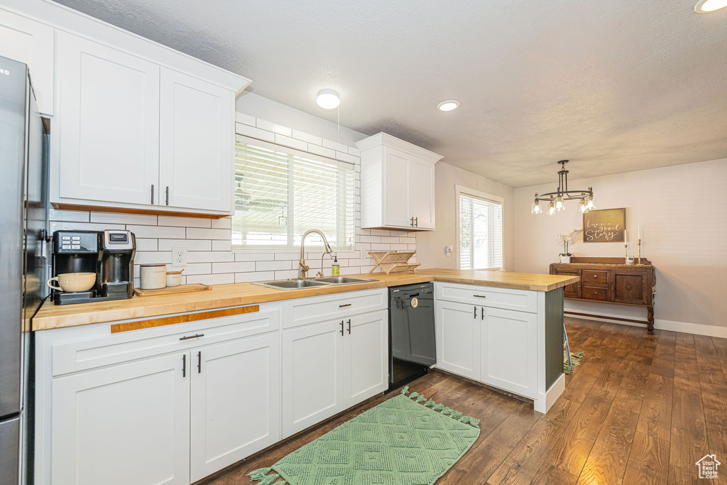 Kitchen with butcher block counters, a sink, dishwasher, decorative backsplash, and dark wood-type flooring