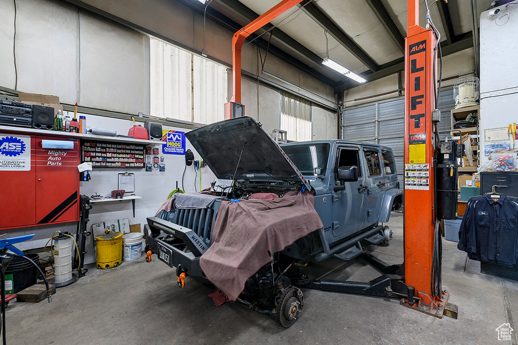 Garage with a workshop area