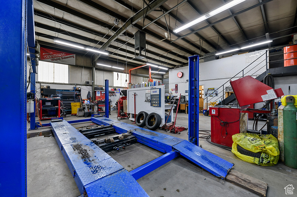 Garage with a workshop area