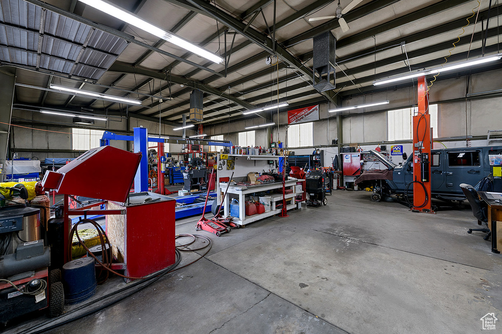 Garage with a workshop area