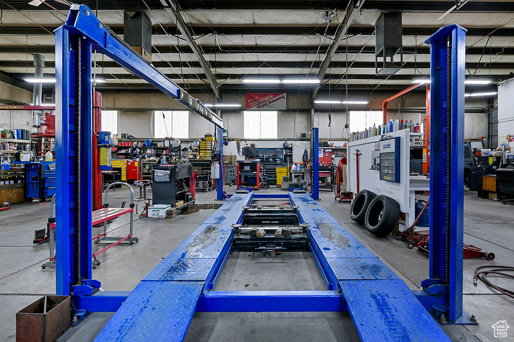 Garage featuring a workshop area