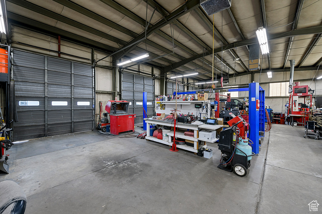 Garage featuring a workshop area