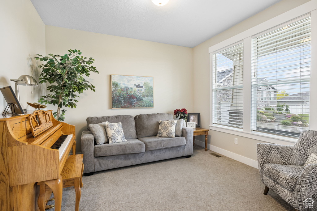 Living area with carpet floors and baseboards