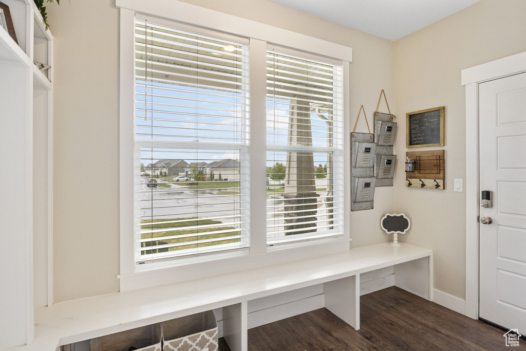 Mudroom with dark wood-type flooring and baseboards