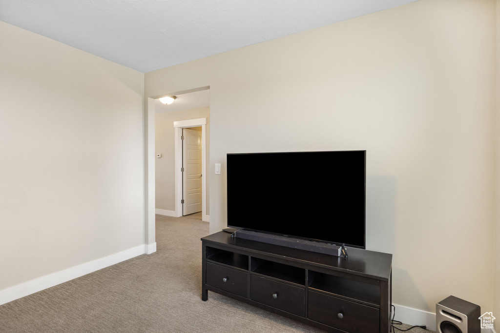 Living area featuring baseboards and light carpet
