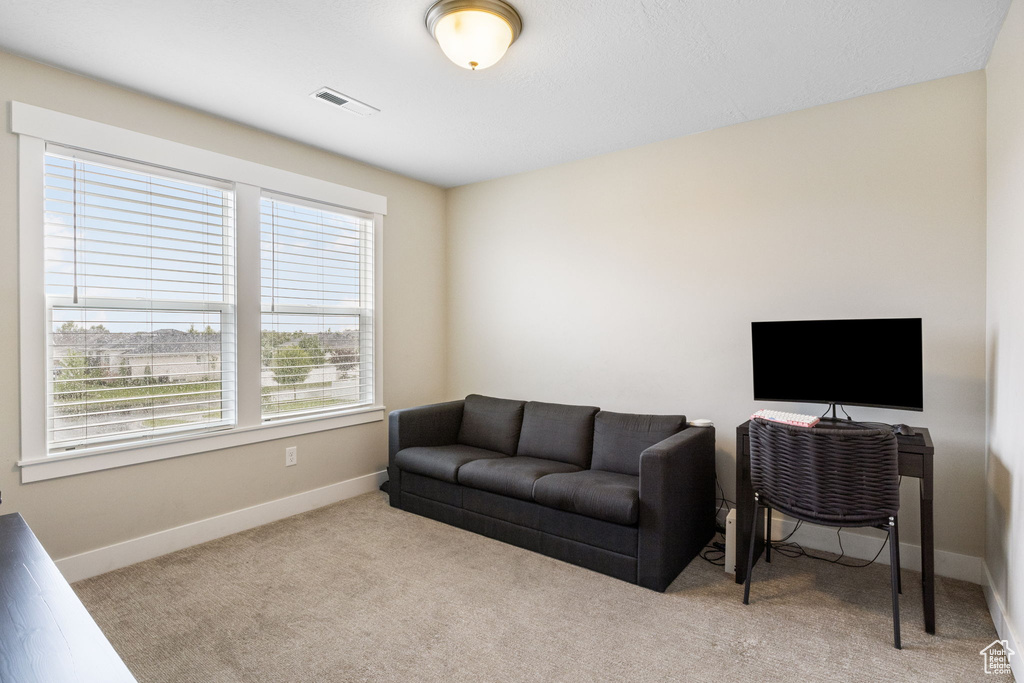 Carpeted home office featuring baseboards