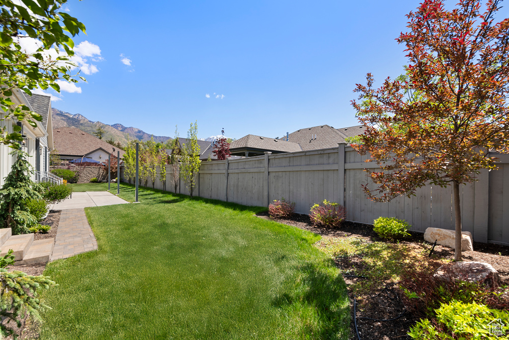 View of yard with a patio area and a mountain view