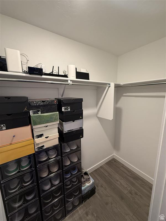 Spacious closet featuring dark wood-style floors