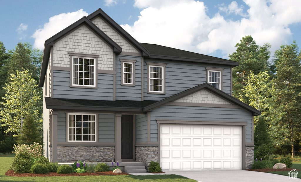 Craftsman-style home with concrete driveway, stone siding, and a garage