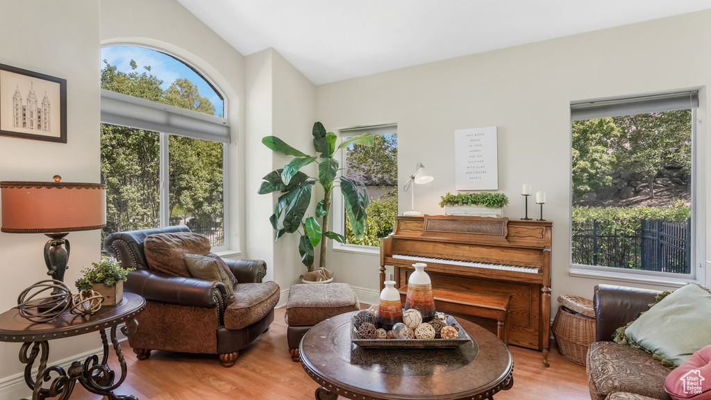 Living area with light wood finished floors and vaulted ceiling
