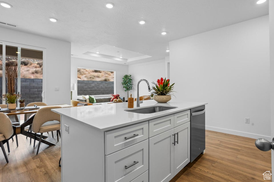 Kitchen with a sink, stainless steel dishwasher, a tray ceiling, recessed lighting, and light wood finished floors
