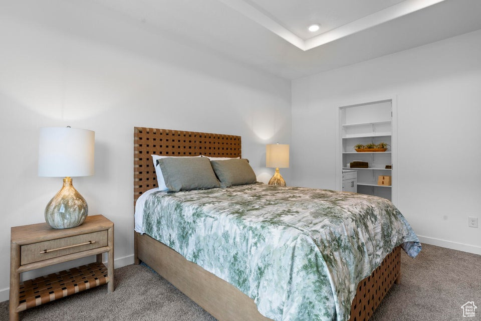 Carpeted bedroom featuring baseboards, recessed lighting, and a spacious closet