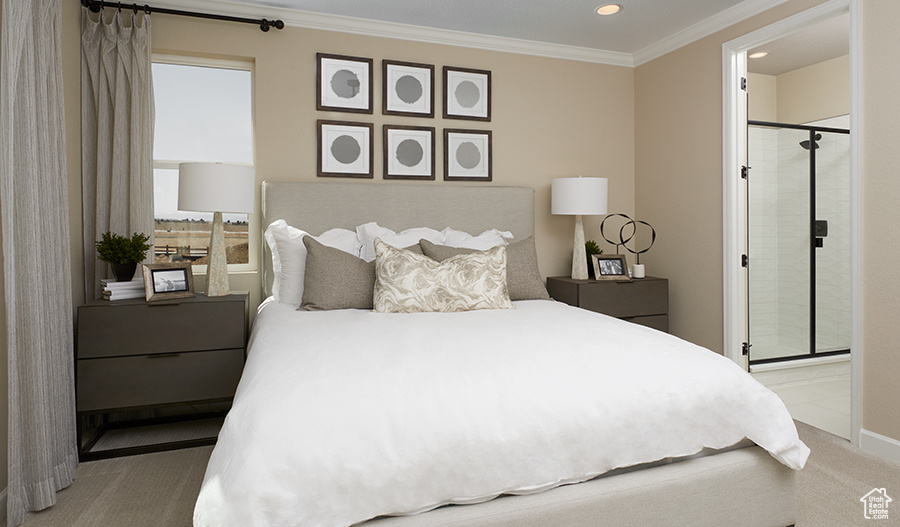 Bedroom with carpet, crown molding, baseboards, and recessed lighting