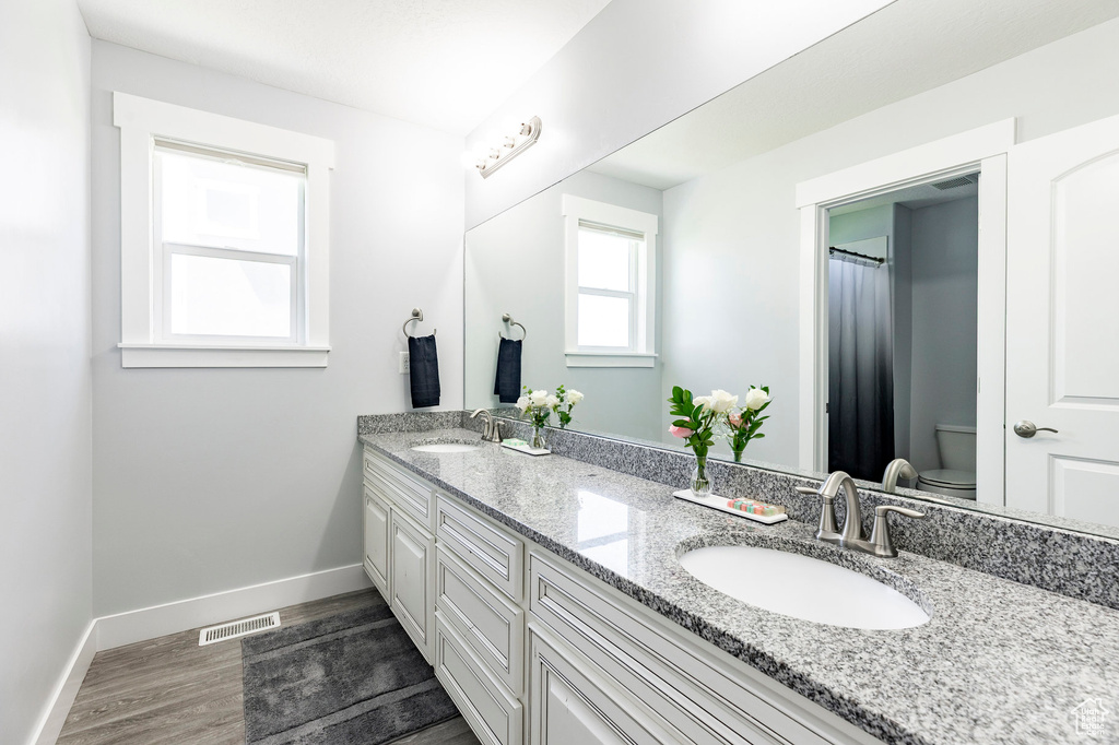 Bathroom featuring wood finished floors, double vanity, baseboards, and toilet