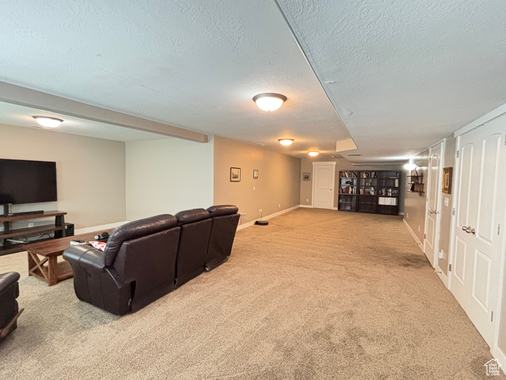 Living room with light colored carpet, a textured ceiling, and baseboards