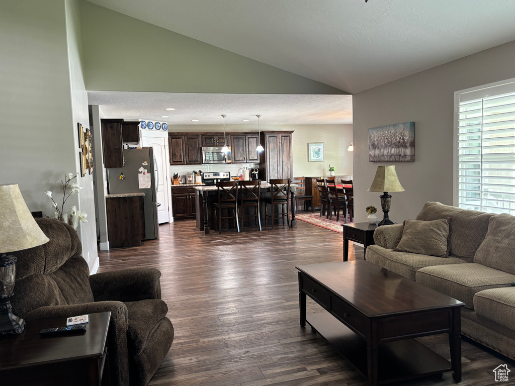 Living room with lofted ceiling, dark wood-type flooring, and recessed lighting