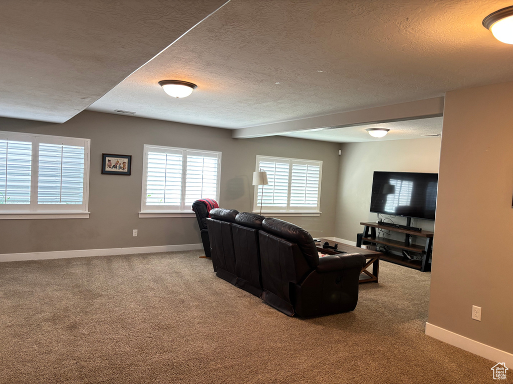Carpeted living room featuring a textured ceiling and baseboards