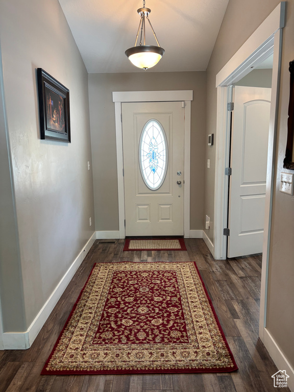Foyer with dark wood-style floors and baseboards