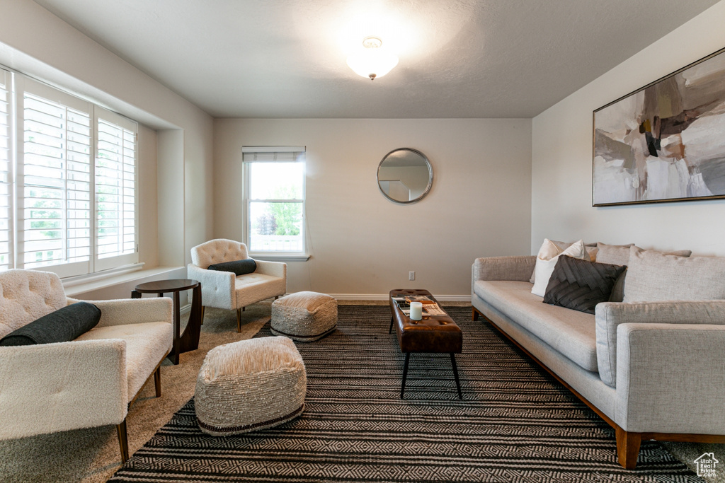 Living area featuring carpet flooring and baseboards