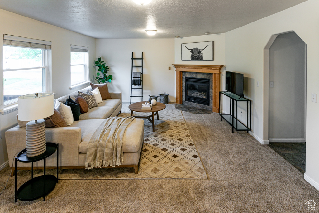 Carpeted living room featuring a textured ceiling, a fireplace, baseboards, and arched walkways