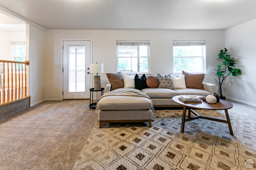 Living area with healthy amount of natural light, light colored carpet, and baseboards