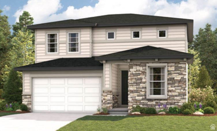 View of front of home with driveway, stone siding, a front lawn, and an attached garage