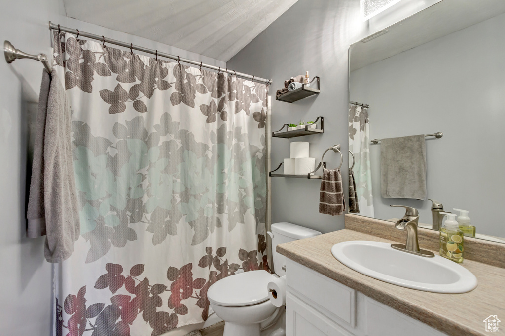 Bathroom featuring toilet, vanity, and curtained shower