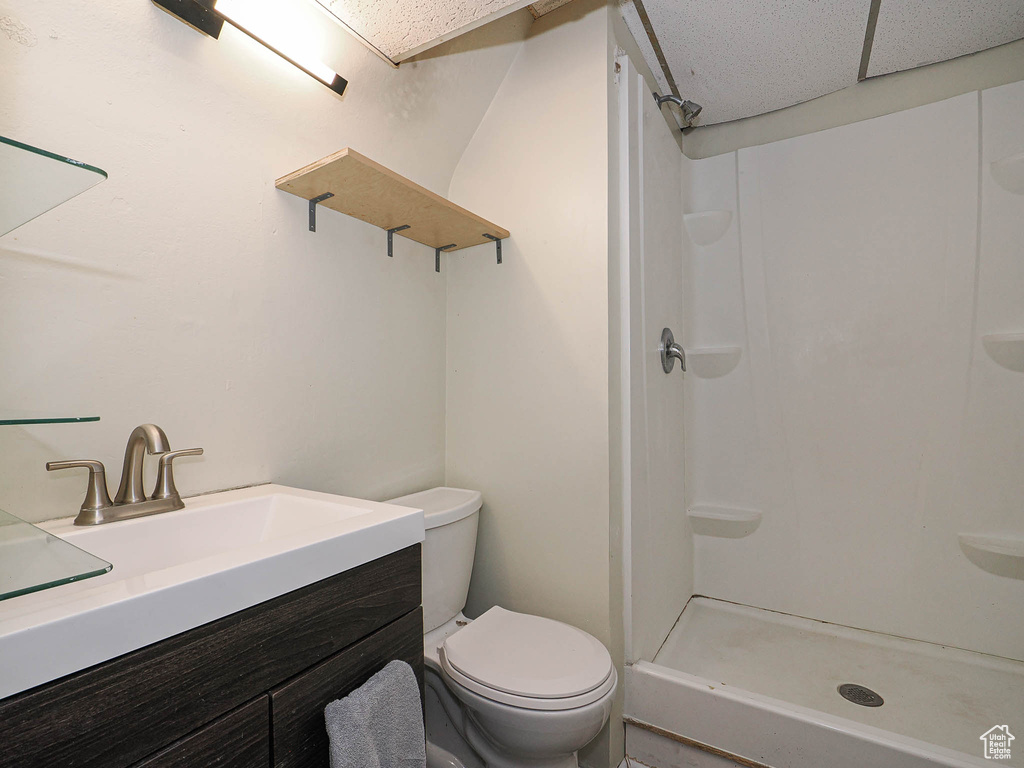 Bathroom featuring toilet, a shower, and vanity