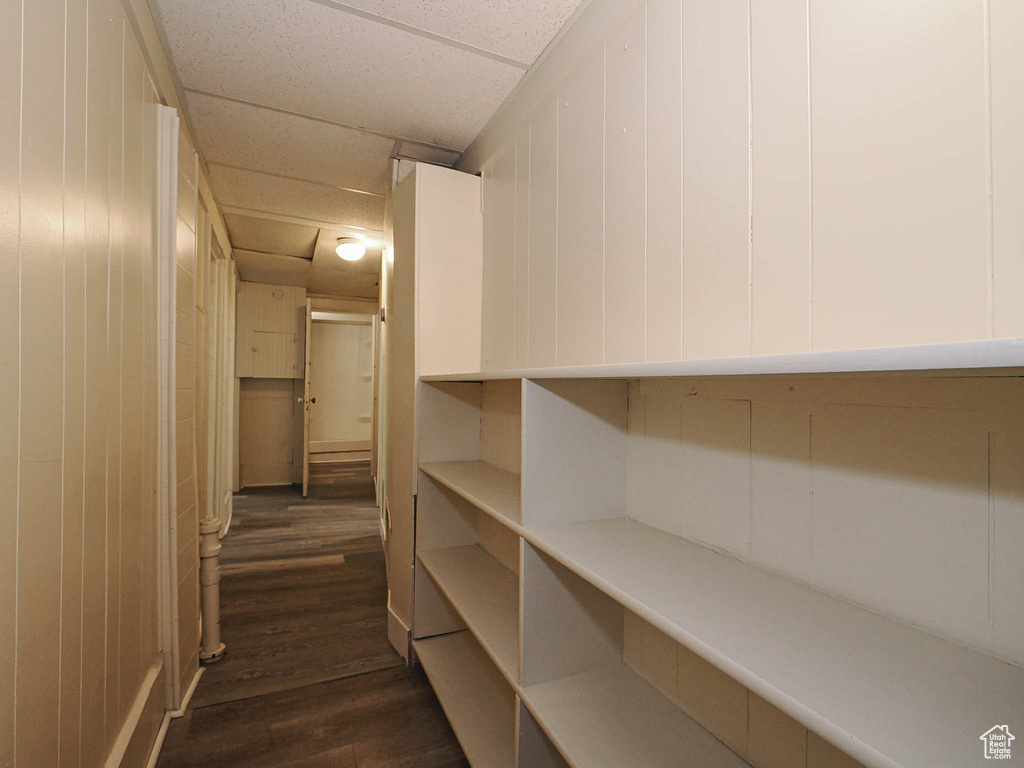 Hall with dark wood-type flooring, a drop ceiling, and wooden walls