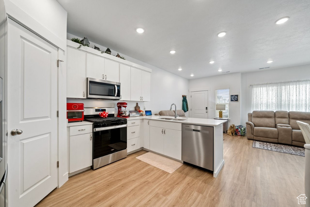 Kitchen with appliances with stainless steel finishes, a sink, a peninsula, light wood-type flooring, and recessed lighting